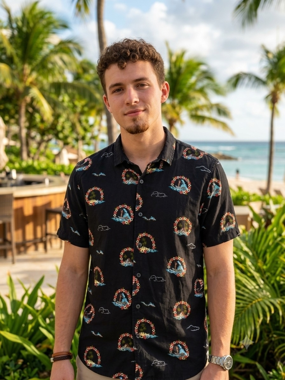 Free Planet Mens XL Tropical Floral Lei Hawaiian Short Sleeve Rayon Shirt Black